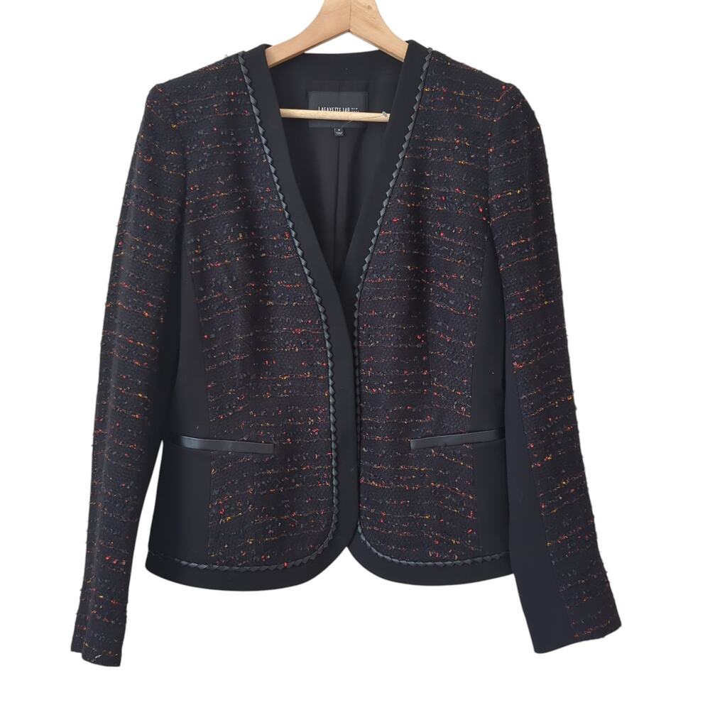 Lafayette 148 New York Blazer Women 6 Tweed Knit Leather Trim Blazer Coat Jacket